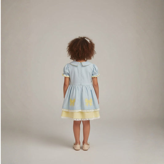 Girls' Sky Blue & Yellow Linen Dress