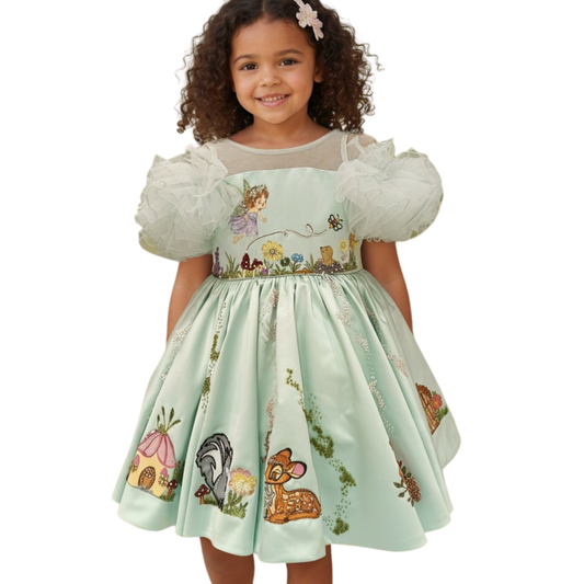 Mint Green Dutch Satin Enchanted Jungle Hand-Painted Dress