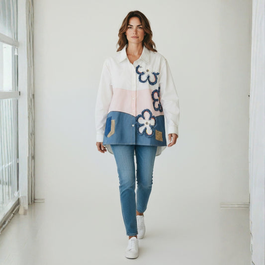 Denim Frill Floral Color-Block Shirt