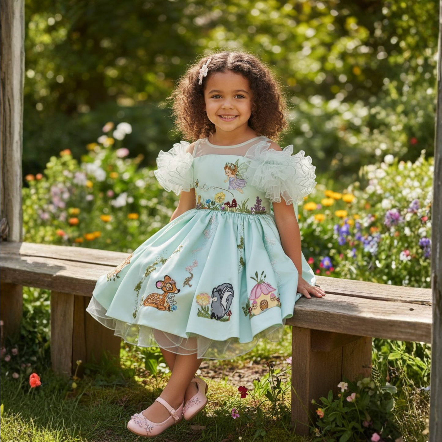 Mint Green Dutch Satin Enchanted Jungle Hand-Painted Dress