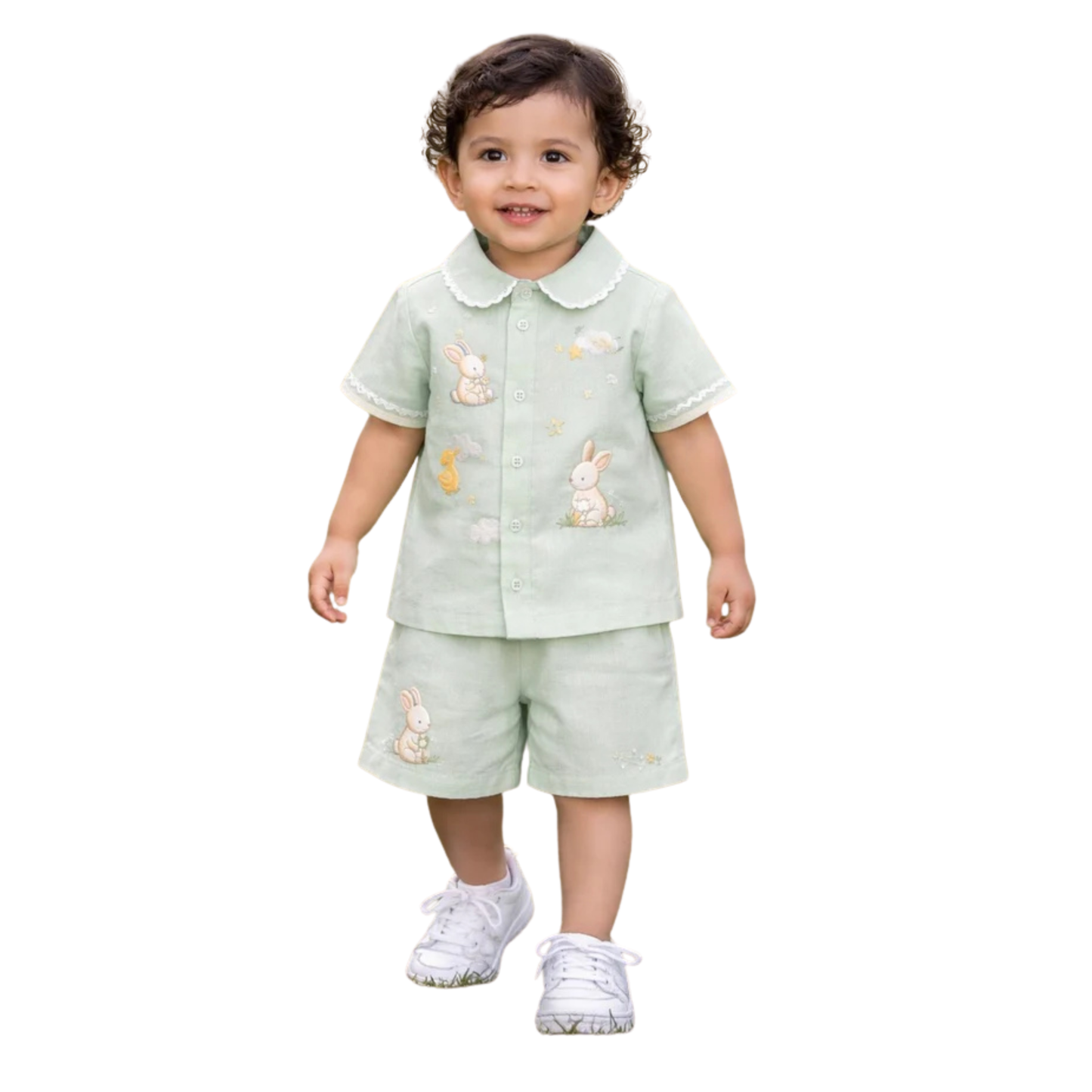 Mint Green Linen Bunny Embroidered Shirt & Shorts