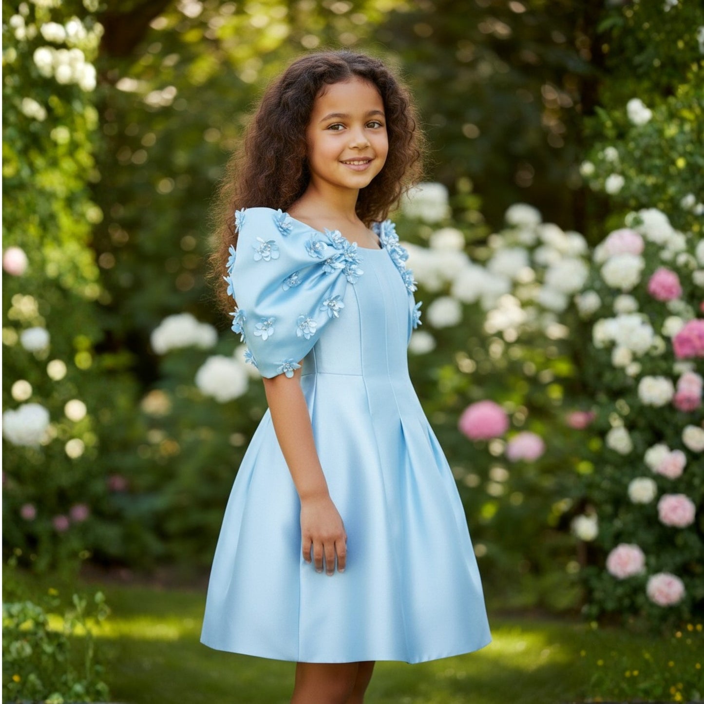 Ice Blue Floral Sleeve Dutch Satin Dress