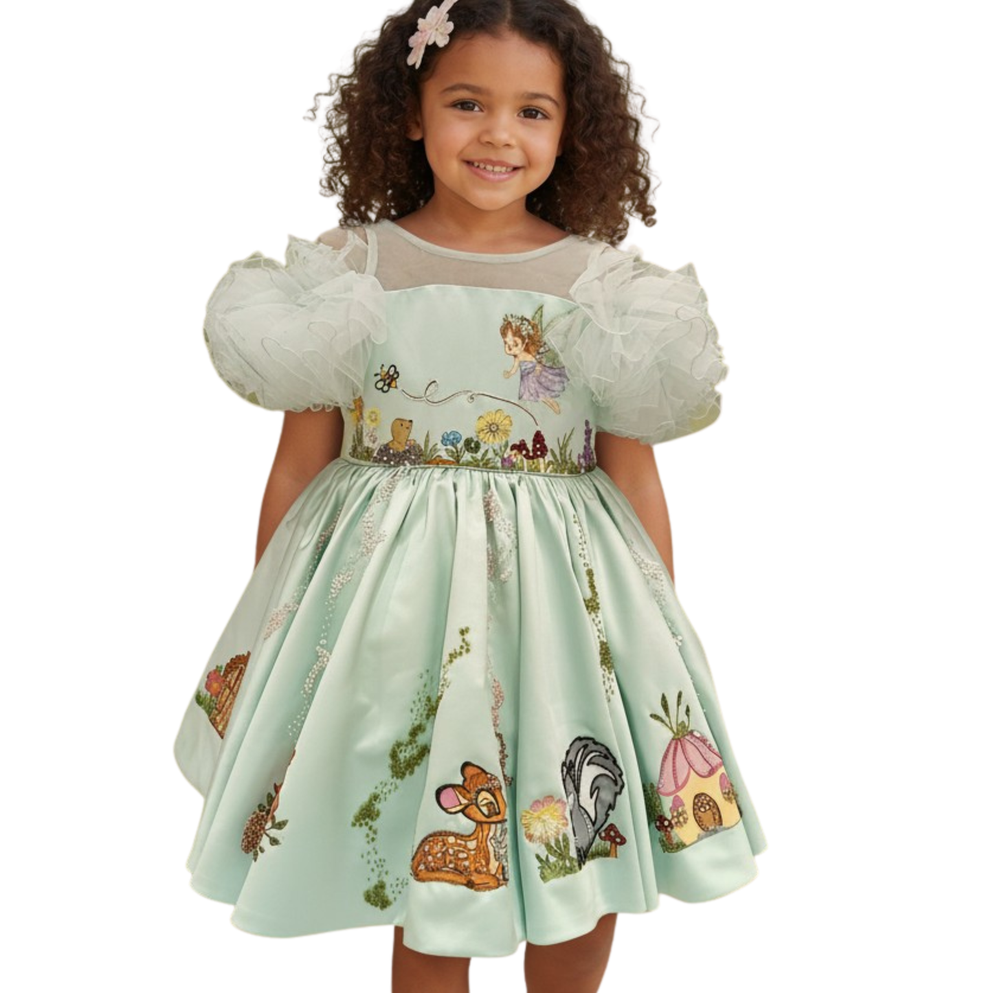 Mint Green Dutch Satin Enchanted Jungle Hand-Painted Dress