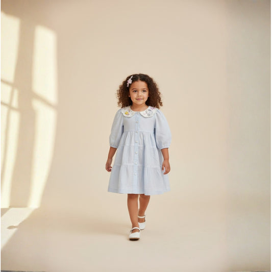 Girls' Light Blue Tiered Button Front Dress