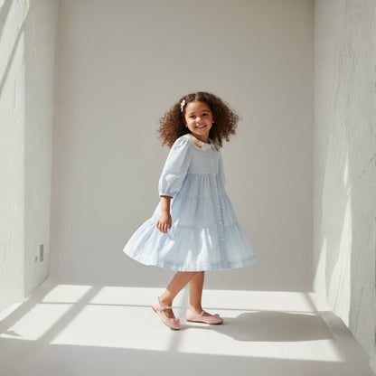 Girls' Light Blue Tiered Button Front Dress