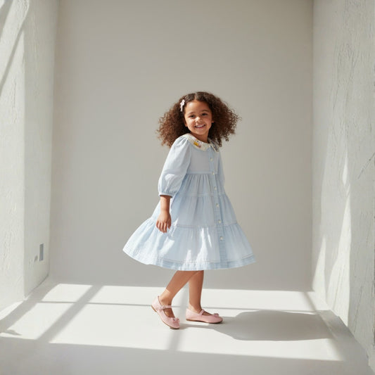 Girls' Light Blue Tiered Button Front Dress