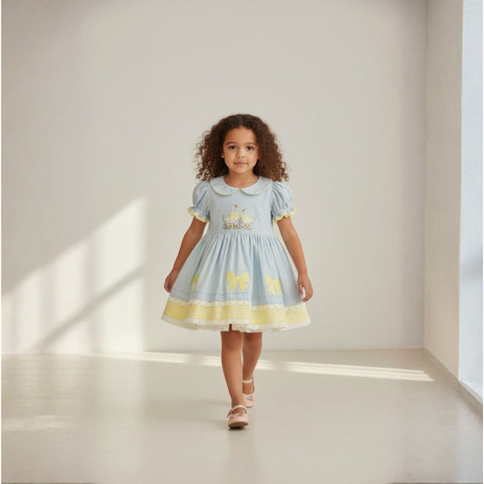 Girls' Sky Blue & Yellow Linen Dress