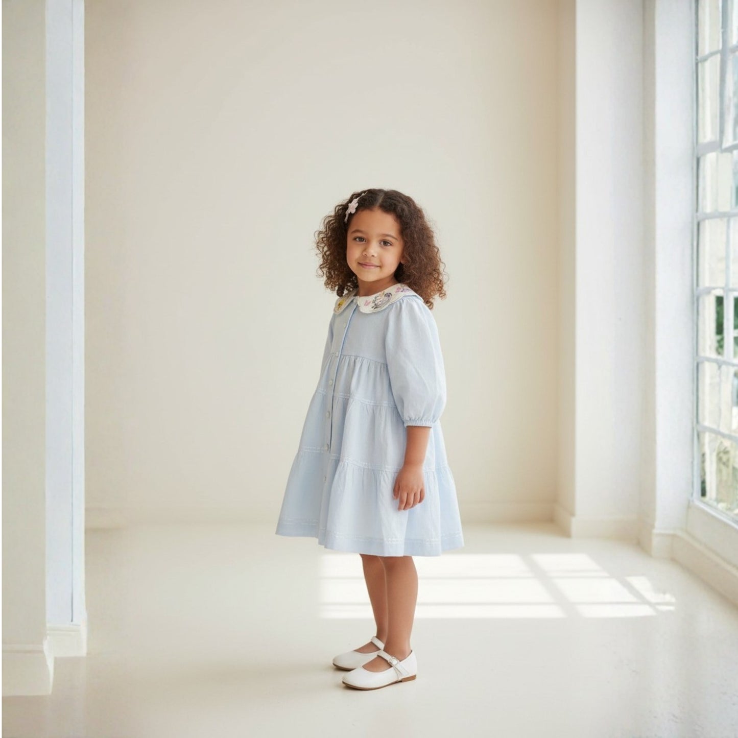 Girls' Light Blue Tiered Button Front Dress
