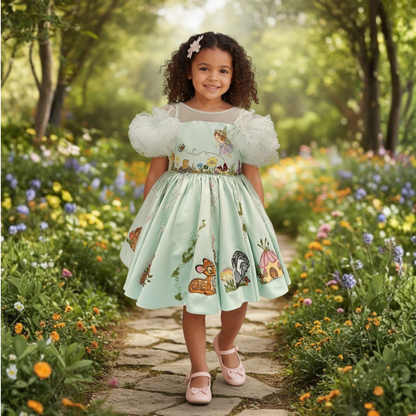 Mint Green Dutch Satin Enchanted Jungle Hand-Painted Dress