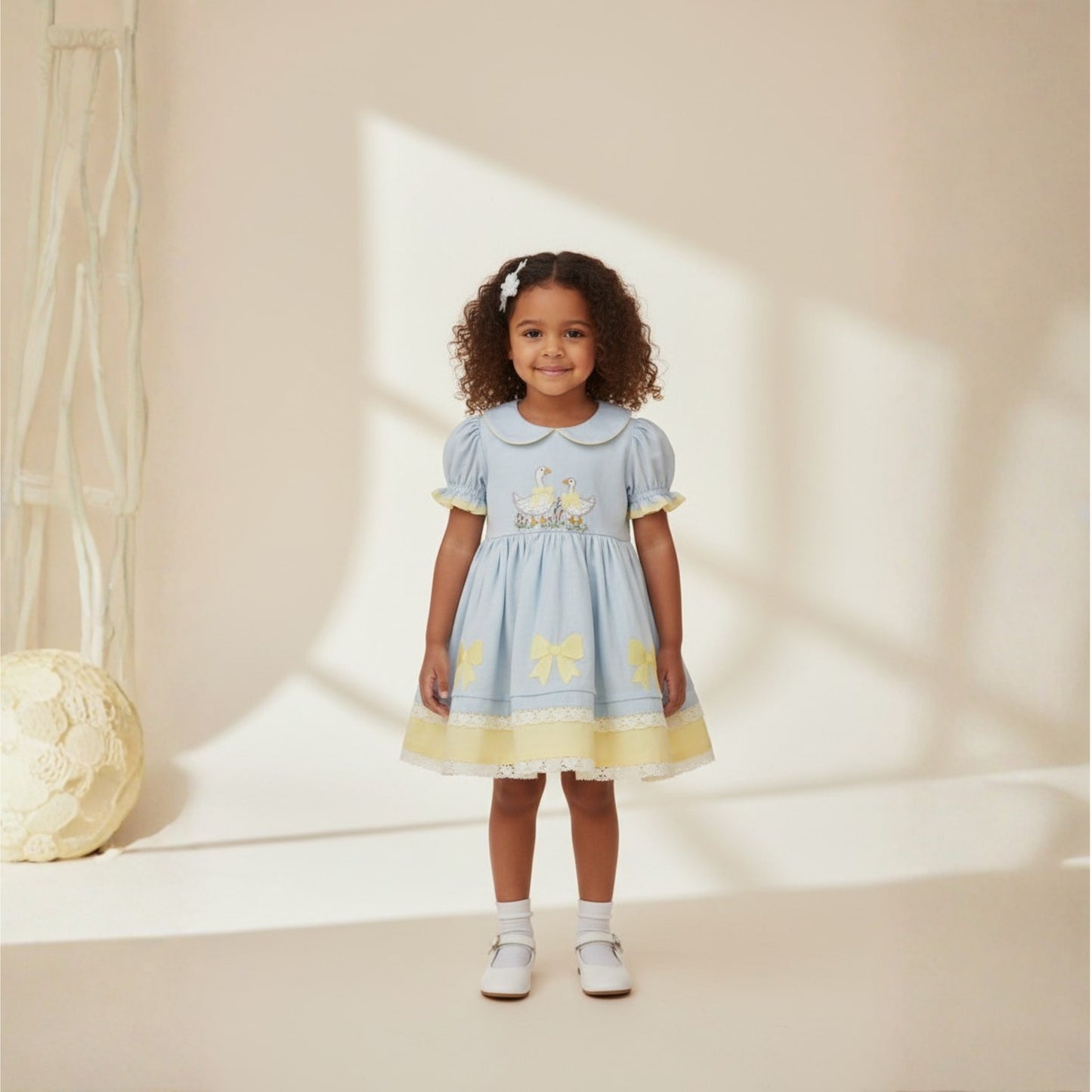 Girls' Sky Blue & Yellow Linen Dress