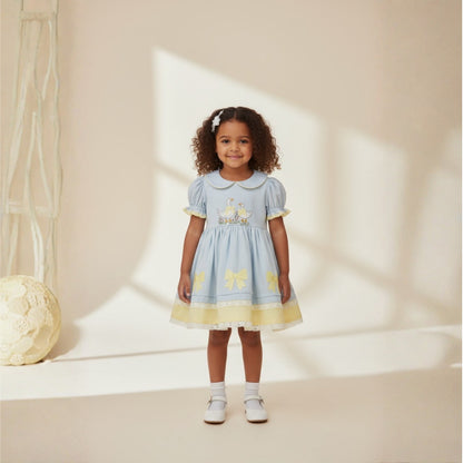 Girls' Sky Blue & Yellow Linen Dress