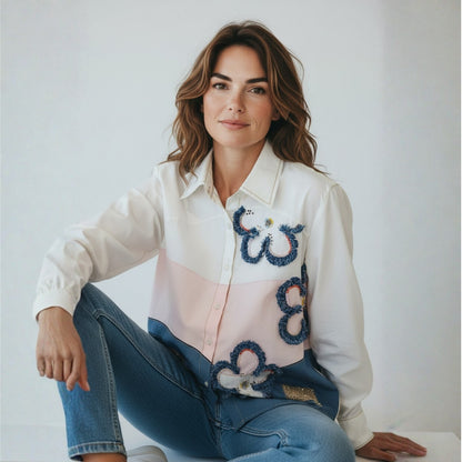 Denim Frill Floral Color-Block Shirt