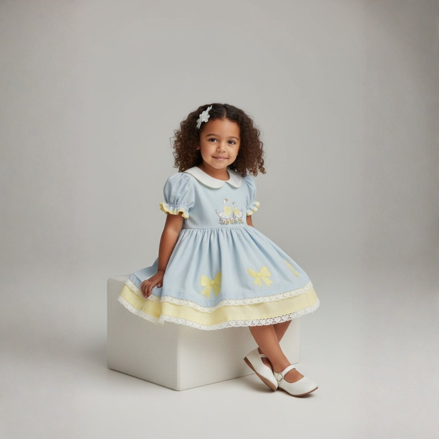 Girls' Sky Blue & Yellow Linen Dress