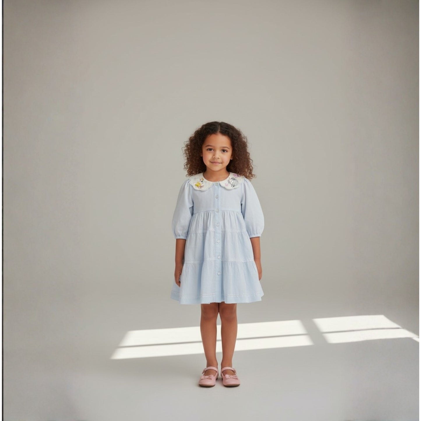 Girls' Light Blue Tiered Button Front Dress