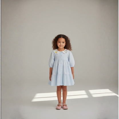 Girls' Light Blue Tiered Button Front Dress