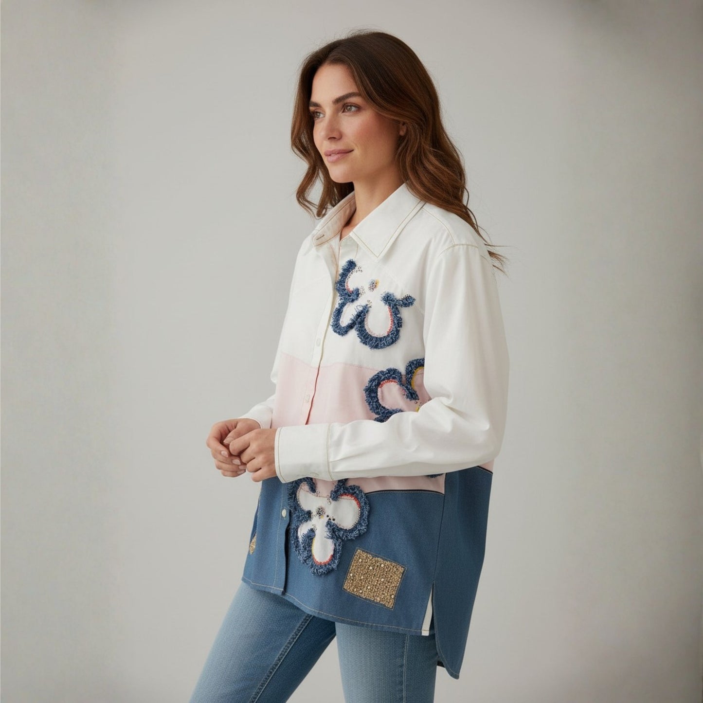 Denim Frill Floral Color-Block Shirt
