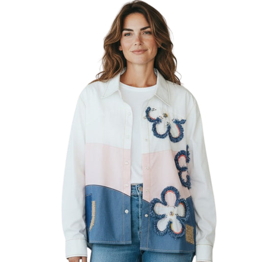 Denim Frill Floral Color-Block Shirt