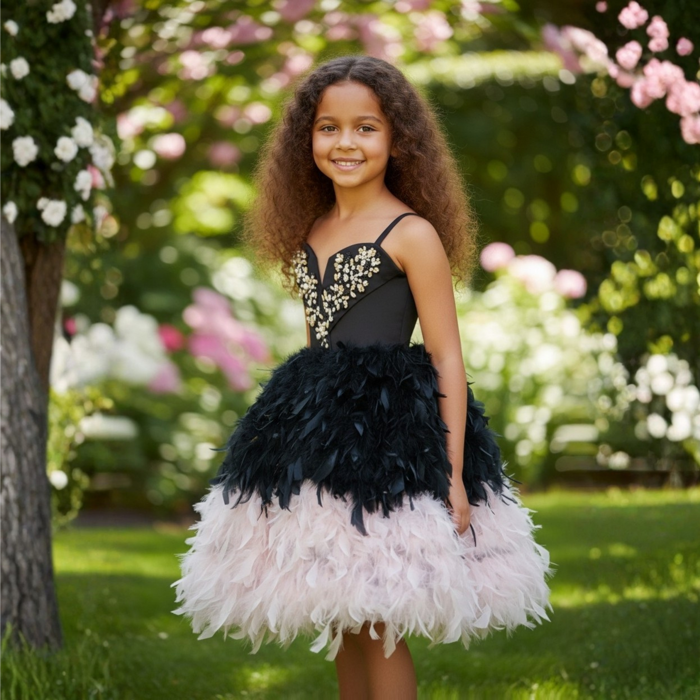 Noir Bloom Feather Birthday dress