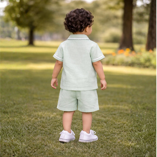 Mint Green Linen Bunny Embroidered Shirt & Shorts