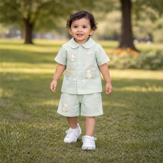 Mint Green Linen Bunny Embroidered Shirt & Shorts