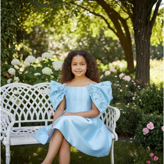 Ice Blue Floral Sleeve Dutch Satin Dress