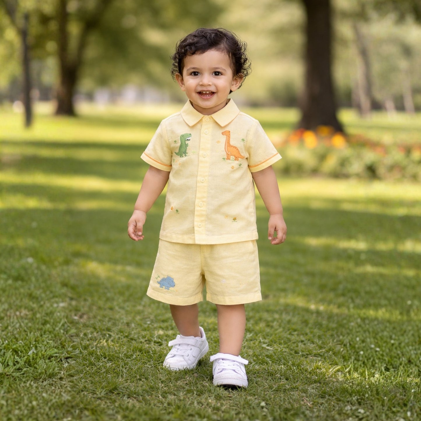 Butter Yellow Linen Dinosaur Shirt & Shorts