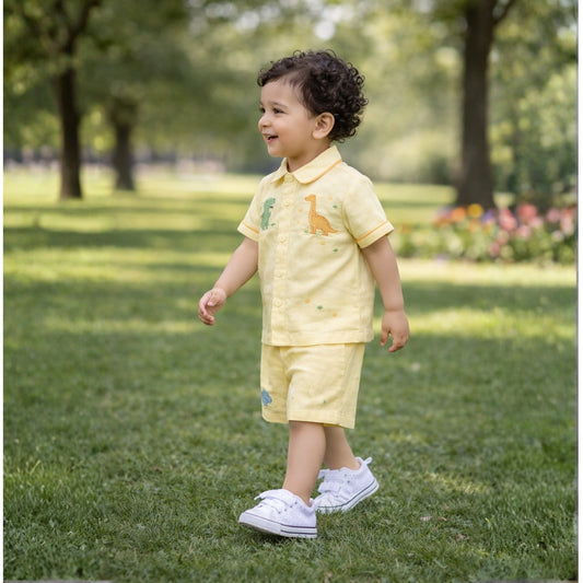 Butter Yellow Linen Dinosaur Shirt & Shorts