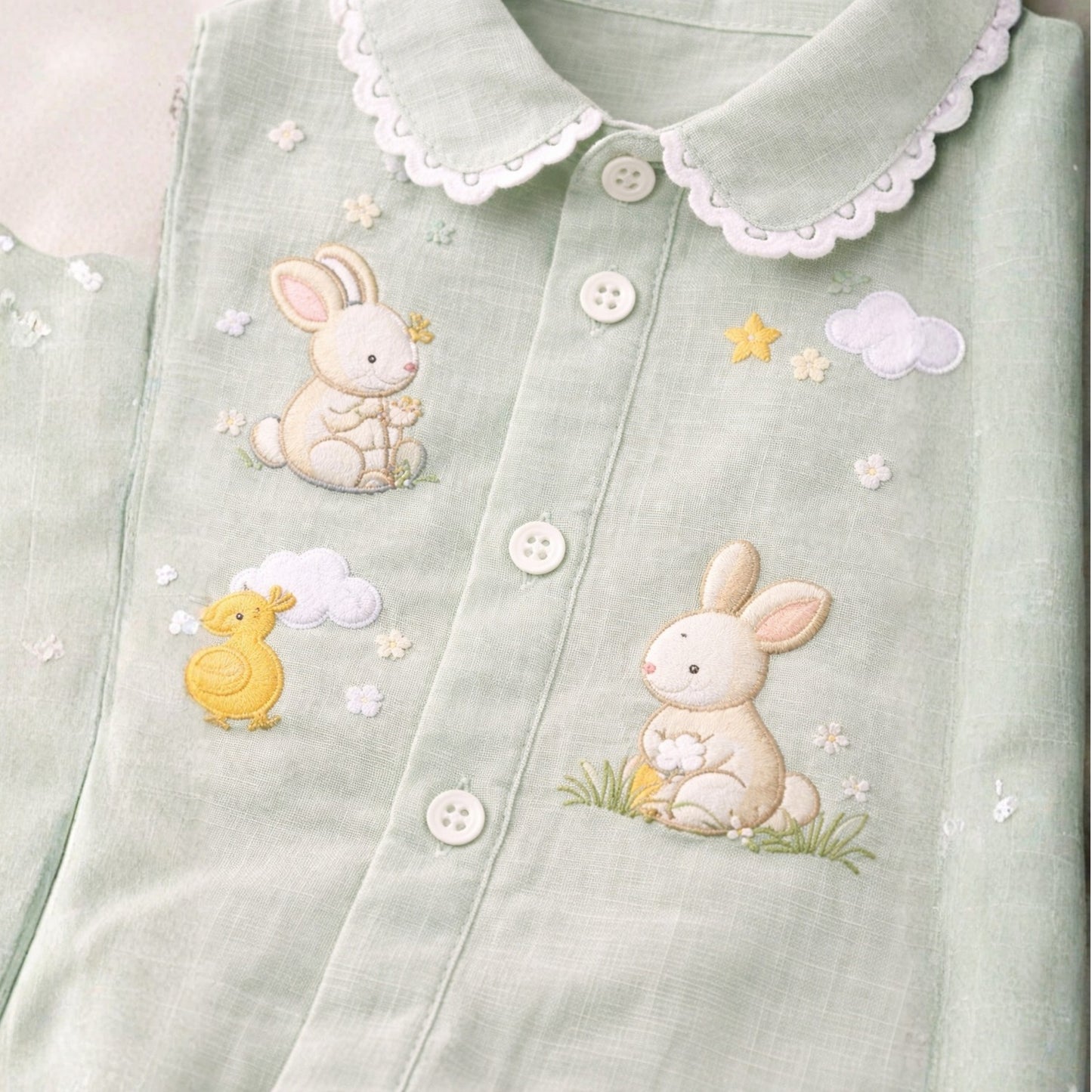 Mint Green Linen Bunny Embroidered Shirt & Shorts